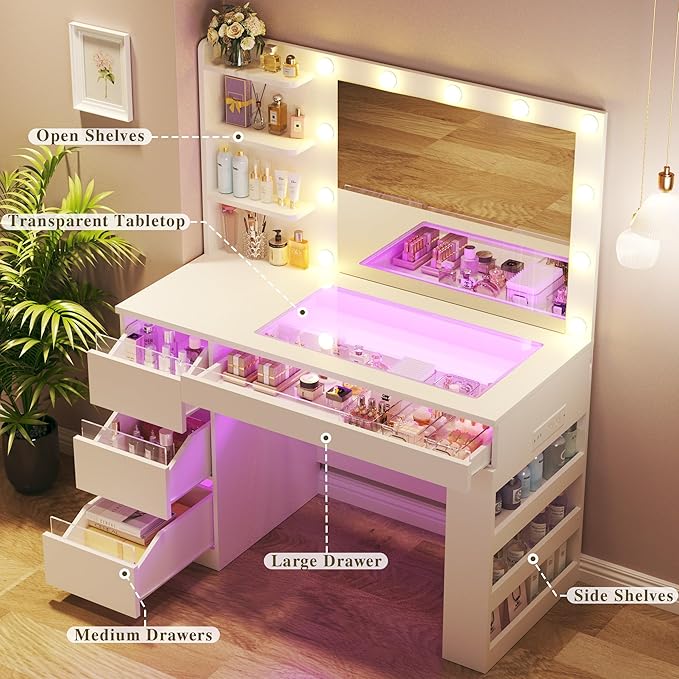 HUAHUU Vanity Desk with Lighted Mirror & Transparent Top, Makeup Vanity Desk with 4 Transparent Drawers and RGB Lighting, Built-in Power Outlet, 3-Tier Side Shelves & Storage Organizer for Bedroom