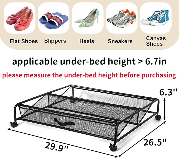Goaste Under Bed Shoe Storage Organizer with Wheels, Rolling Underbed Storage Containers, Metal Shoe Rack Drawer Space Saving for Bedroom Organization, Shoes, Toys (Black)
