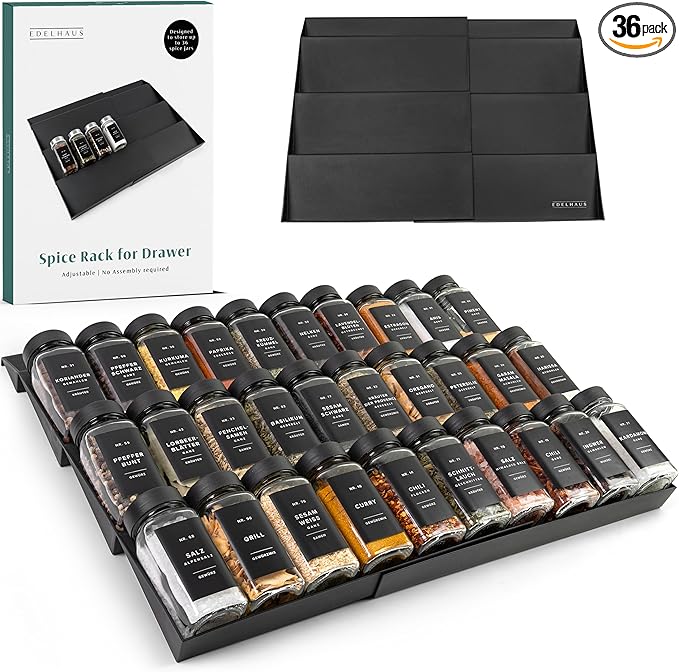 EDELHAUS Spice Drawer Organizer - Expandable Spice Rack for Drawer, Black Seasoning Organizer for Drawer Spice Organizer, Spice Organization Seasoning rack insert for Cabinet (Jars Not Included)