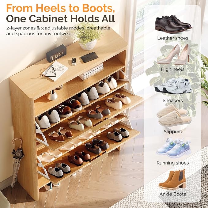 VINGLI Slim Shoe Cabinet with Curved Edges, Modern Hidden Shoe Storage Organizer with 2 Flip Drawers & Open Shelf, Narrow Wood Shoe Cupboard with Fluted Panel & Anti-Tip Kit for Entryway, Oak