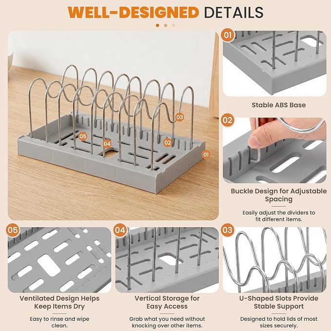 2 Pack Expandable Pot Lid Organizers with 10 Adjustable Dividers | 12.6-22.4 Inch Pots and Pans Organizer Rack Under Cabinet, Countertop, Pan Lids, Bakeware, Food Container Lids, Grey