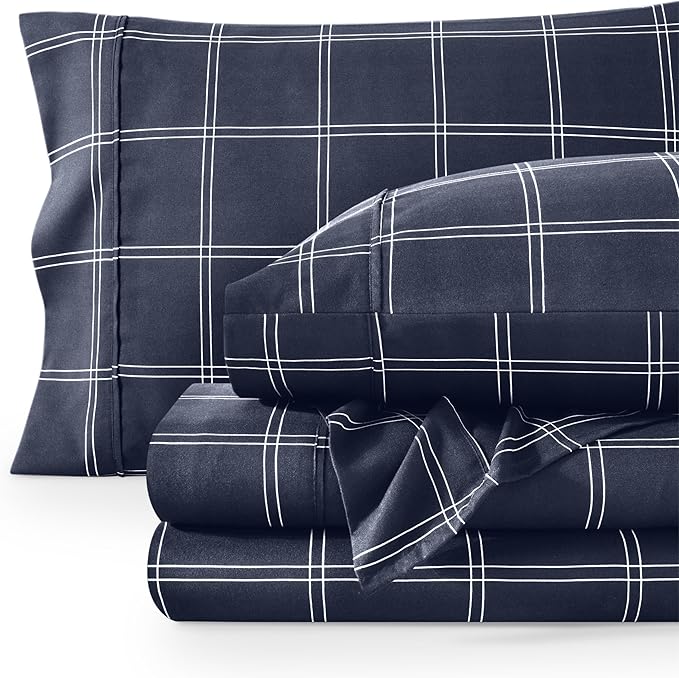 Bare Home Twin Sheet Set - Luxury 1800 Ultra- Soft Double Brushed Microfiber - Deep Pockets - Easy Fit - 4 Piece Bedding Sheet Set (Twin, Modern Plaid - Midnight/White)