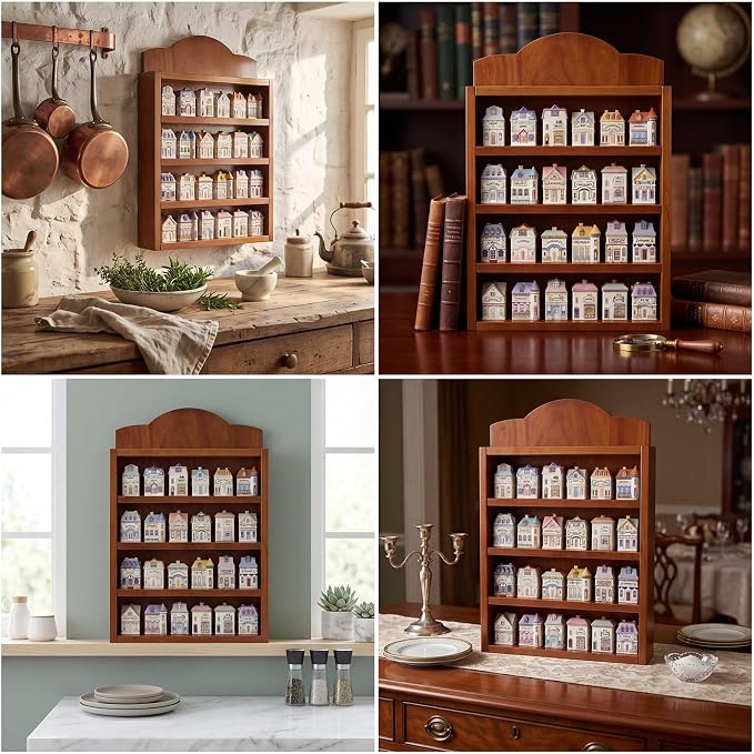 Chunful Vintage Spice Jar Wooden Rack Warm Brown Natural Spice Shelf for 24 Jars, Village Style Wall Mounting Kitchen Storage Decorative Hanging Display Rack, Shelf Only