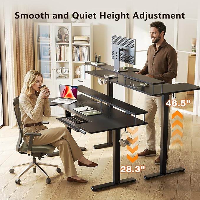 OffiGo 63 Inch U Shaped Electric Standing Desk with Keyboard Tray, Black | 3 Outlets & 2 USB Ports, Dual-Monitor Stand, 10 Colors & 10 LED Modes, 3 Presets, 28.3"-46.5"in Range, 154 lb Capacity