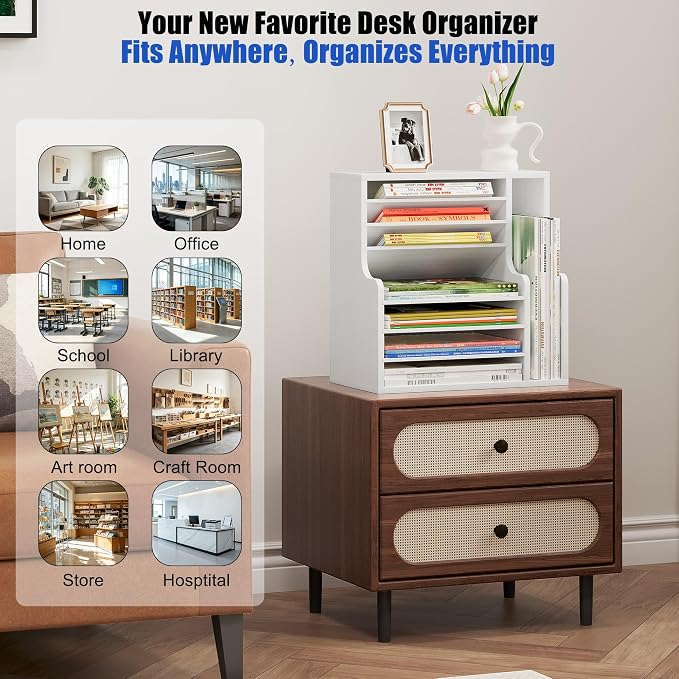 Wood Desktop File Holder Organizer Mail Sorter for File Folders, Mails, Envelopes or Magazines, 8 Compartments (White)