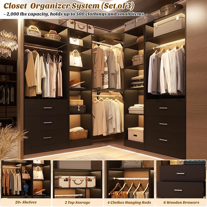 Besiost Corner Closet System with 6 Drawers, Closet Organizer System with 14 Shelves & 4 Hanging Rods, 87.2"L * 39.2"W / 63.2"L * 63.2"W Reversible L Shaped Walk-in Closets, Load 2500+LBS, Black