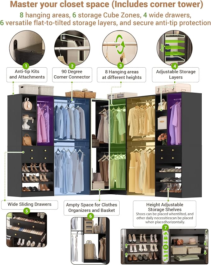 Closet System (Set of 3) with 4 Drawers, 8 Hanging Robs, 91.5"/151" Closet Organizer System with Corner Tower, Reversible Walk-in Closet System Corner Closet System, Black