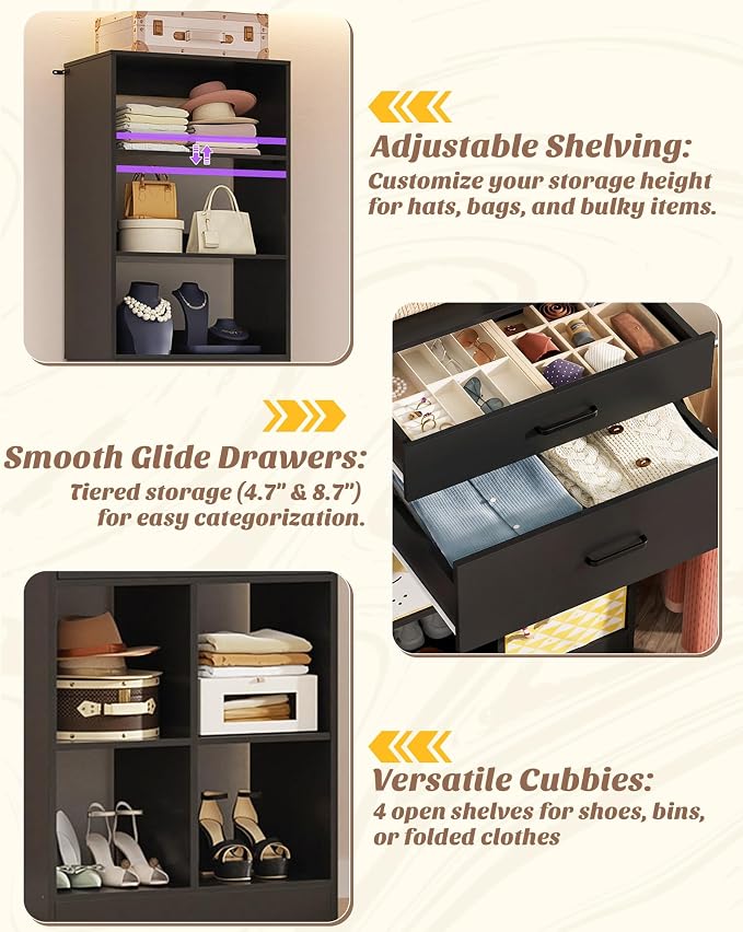 Besiost 22" Closet System with Drawers, 1.85 FT Small Closet Organizer for Walk in Closet, Bedroom & Nursery, Wardrobe Storage Unit with Storage and Shelves, Enclosed Storage Volume 2.58 ft³, Black