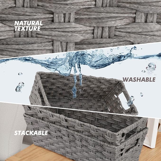 2-Pack Plastic Wicker Toilet Paper Baskets, 15.75"x6.75"x4.75", Grey | Versatile woven bins for bathroom, toilet tank, shelf organization, and home decor.