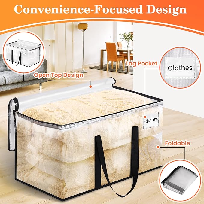 Extra Large Heavy Duty Moving Bags, Storage Bags with Strong Zippers & Handles, Packing Bags for Moving Essentials, Ideal Storage Tote for Home, Dorm & Storage Solutions, 93L, 4 Packs, Clear