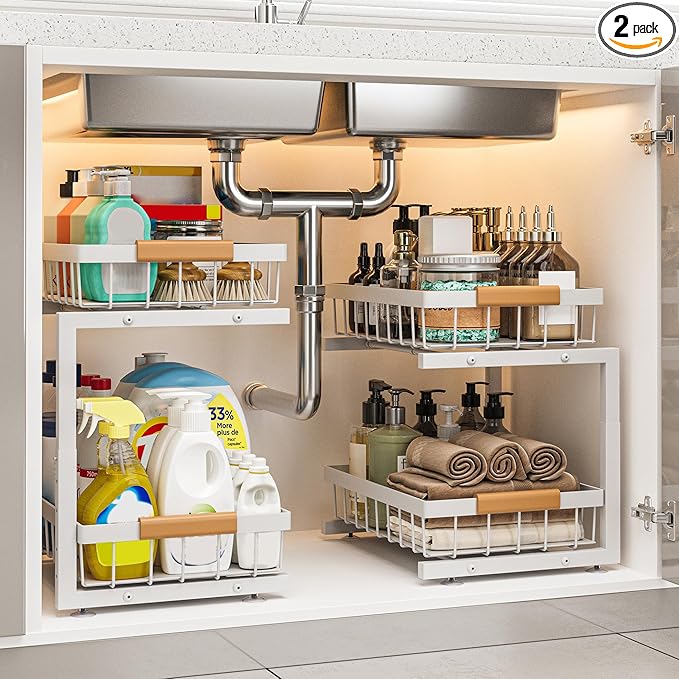 Under Sink Organizer, 2 Pack 2 Tier Expandable Height Under-Sink Bathroom Kitchen Organizers And Storage