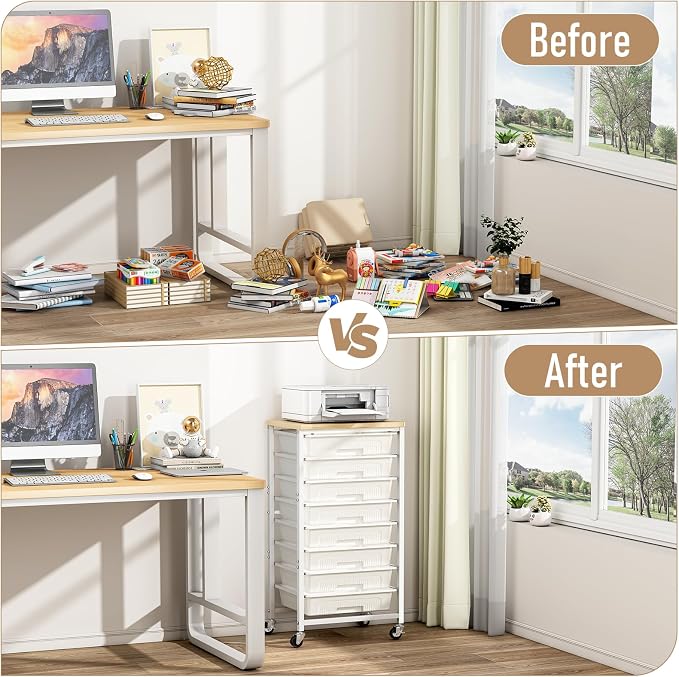 caktraie Rolling Cart with 8 Storage Drawers, Craft Organizers Cart with Wooden Tabletop, Mobile Utility Drawer Cart with Lockable Wheels, for Classroom, Office, Living Room & Bedroom, Beige White