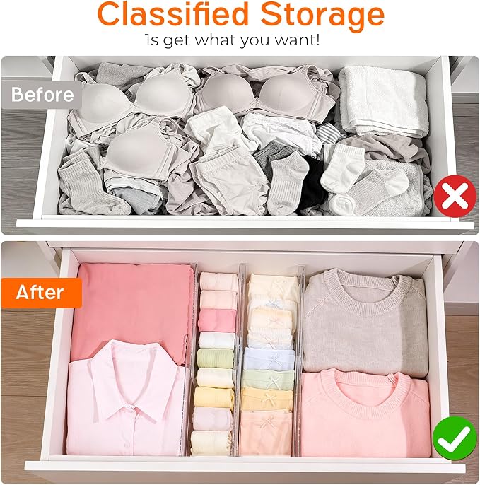 12 Pack 4" High Drawer Dividers for Clothes, 10.2"-16.5" Expandable Dresser Drawer Organizers, Adjustable Plastic Clear Drawer Separators for Kitchen, Baby Clothing, Socks, Underwear, Bedroom