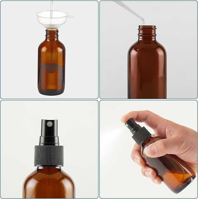 Dark Amber Glass Spray Bottles 4 oz, Small, Fine Mist, 2 Pack | For Essential Oils, Facial Care, Hair Care, Perfumes, Plants, Room Sprays, Travel, Cleaning Solutions