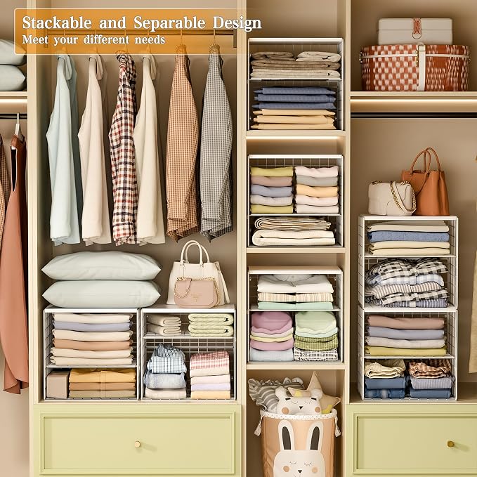 Huxitocan 4-Tier Stackable Closet Organizers and Storage Shelves, Closet Storage Basket with Wood Tops, Adjustable Height Dividers Closet Storage Bins for Home Closet Organizer System, White