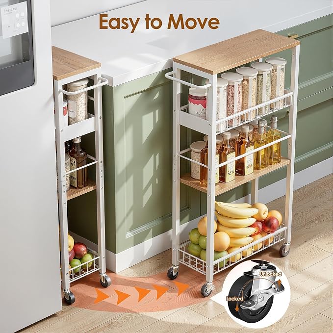 Slim Rolling Storage Cart, 4 Tier Narrow Storage Cart, 7.1in(W) | Metal Kitchen Rolling Cart for Small Spaces, Narrow Shelf for Kitchen, Laundry Room, Bathroom, Living Room