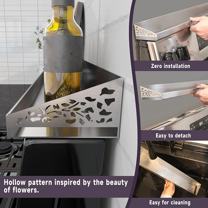 STUTOV Stove Shelf for Stove Top, Spice Rack Organizer, Easy Installation, Kitchen Storage Solution, with Standard 30" Length, Brushed Stainless Steel, Non Magnate (Stainless Steel)