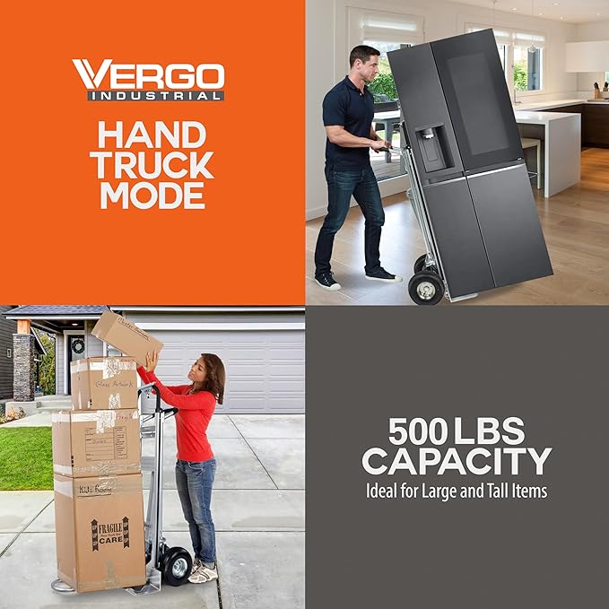 Vergo Industrial Convertible Hand Truck - AS7A2 Heavy Duty Aluminum 3 in 1 Dolly (750 lb Capacity) Lightweight Frame, Ergonomic Handle, Extendable Loop, Versatile Moving Cart (3 Positions, 53" High)
