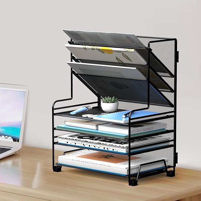 MINDEPOT 4-Tier Paper Organizer + 3-Pocket File Holder + Drawer + Pen Holders, Desktop File Organizers Paper Tray for Office Supplies School Classroom Organization (Black, No Drawer & Pen Holder)