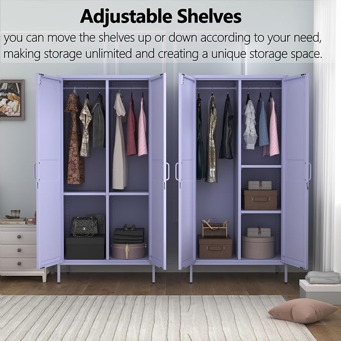 Metal Wardrobe with Lock 67"Clothing Steel Storage Cabinet Locker Hanging Rod And Adjustable Shelves 2 Doors Household kids wardrobe closet Lockers For Bedroom Home Purple Size:67"H X 31.5"W X 18.1"D