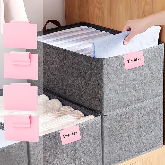 34 Pcs Basket Labels Clip on Set, Include 32 Kitchen Clip Label Holder Removable Storage Bin Labels with 2 Black Marker for Storage Bins Organization Box (Pink)