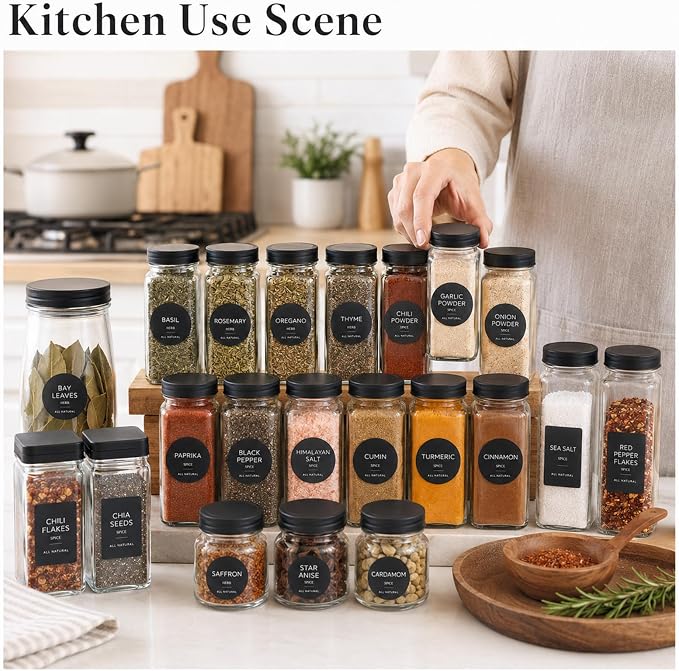 372 Pcs Spice Labels Spice Jar Labels Preprinted Label - Black Waterproof Stickers for Kitchen Dinning Spices Jars Seasoning Label for Pantry Organization (Jars NOT Included)