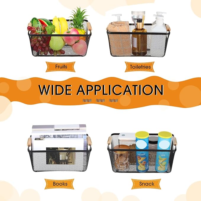 Ziliny 4 Pcs Metal Mesh Wire Baskets with Wooden Handles for Organizing, Pantry Organizers and Storage Steel Bin Kitchen Baskets for Fruit Potato Onion Snacks Bathroom Cabinet(Medium,Black)