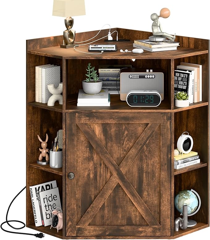 Halitaa Corner Storage Cabinet, Farmhouse Corner Bookshelf with Storage 6-Cubby Wooden Cabinet with USB Ports and Outlets Industrial Organizer for Small Space, Study, Playroom, Living Room