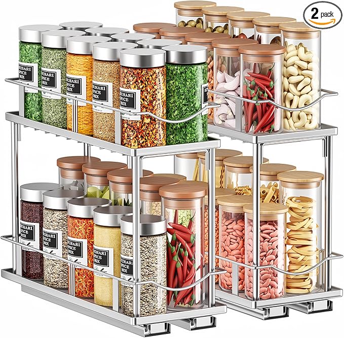 Bunoxea Pull Out Spice Rack 2 Pack,Slide Out Cabinet Spice Rack,Silver | 2-Tier Rack, Full Extension Ball Bearing Glides, 10.7"Dx4.8"Wx8.85"H, Kitchen Pantry,Narrow Cabinet Spice Storage Organizer