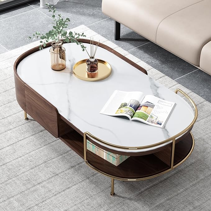 Lartis Oval Coffee Table in Walnut, Sintered Stone Living Room Table with Semi-Circular Storage,Multi Functional Marvel for Modern Living Room (White, 51 in)
