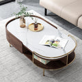 Lartis Oval Coffee Table in Walnut, Sintered Stone Living Room Table with Semi-Circular Storage,Multi Functional Marvel for Modern Living Room (White, 51 in)