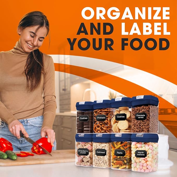 Set of 8 Airtight Food Storage Containers - Pantry Organizer Bins, BPA Free Plastic Containers plus Dry Erase Marker and Labels, Navy