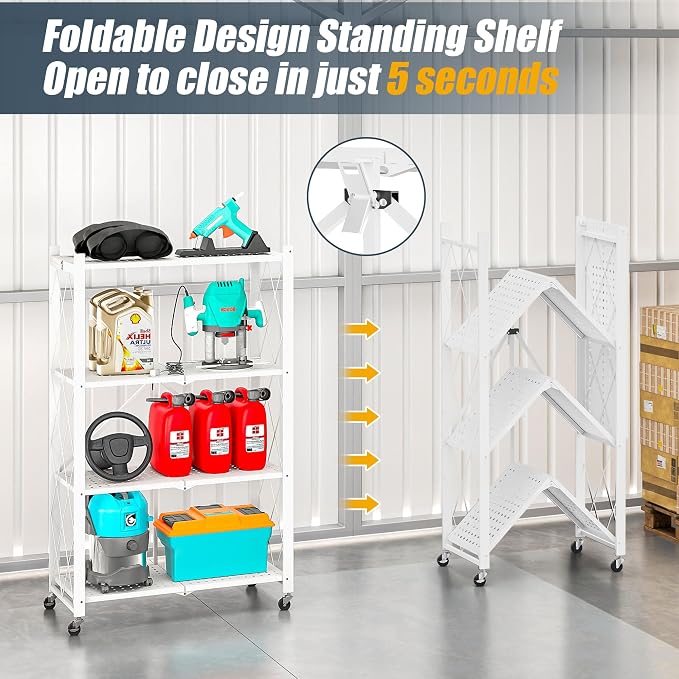 4-Tier Folding Metal Storage Rack - 50" Heavy-Duty Steel Frame with Wheels, No Assembly Utility Organizer, Rolling Shelving Unit for Kitchen, Garage, Pantry, Bedroom (White, 4 Tier)
