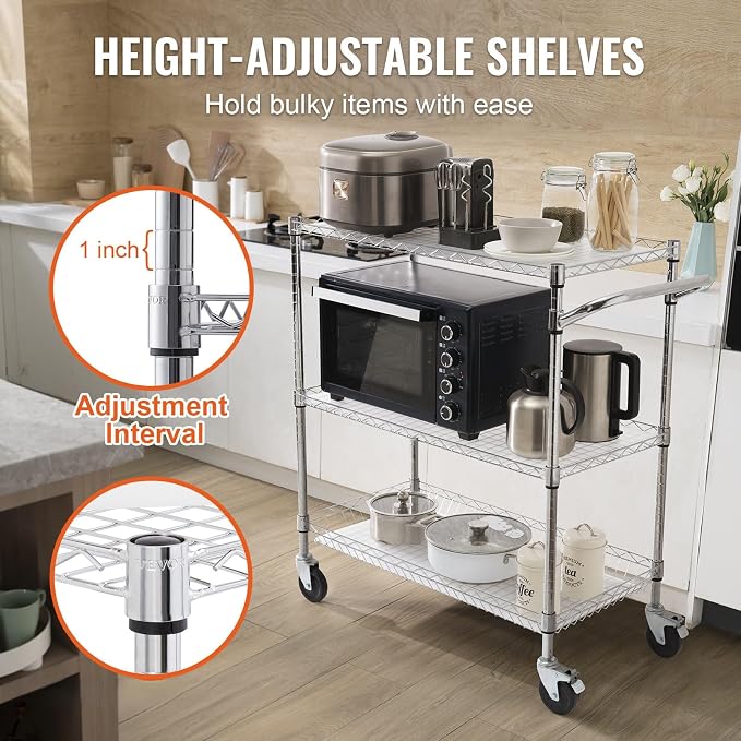 VEVOR Kitchen Utility Cart, 3 Tiers, Wire Rolling Table with 661 LBS Capacity, Steel Service Desk on Wheels, Metal Storage Trolley with 80 mm Deep Basket Curved Handle PP Liner 6 Hooks