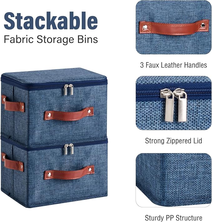 3PCS Storage Bins Boxes with Zippered Lids Cotton Linen Fabric Decorative Basket PU Leather Handles PP Plastic Board Foldable Lidded Shelf Closet Organizer Container (Denim Blue, Small)
