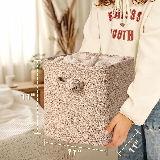 11 Inch Storage Cubes, 3 Pack Cube Storage Bins for Organizing, Cotton Rope Woven Baskets for Shelves, Bathroom, Kids Room, Closets, Baby Nursery