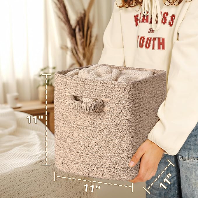 11 Inch Storage Cubes, 6 Pack Cube Storage Bins for Organizing, Cotton Rope Woven Baskets for Shelves, Bathroom, Kids Room, Closets, Baby Nursery