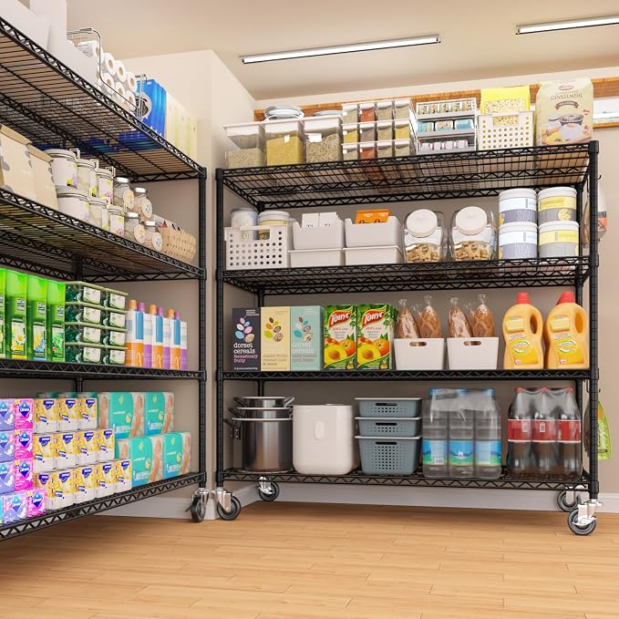PrimeZone 6 Packs 55.5" W x 24" D x 80" H Heavy Duty Wire Storage Shelves with Wheels, 4 Tier Adjustable NSF Commercial Garage Shelving Unit, Rolling Metal Organizer Shelf Rack for Warehouse, Pantry