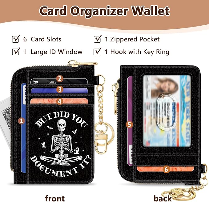 GIANCOMICS Slim Wallet Credit Card Holder Women, Funny Skeleton Skull Rfid Blocking Small Card Case, Keychain Thin Pocket Curved Zipper Wallet, Travel Card Holder PU Leather, Ladies Female Gifts
