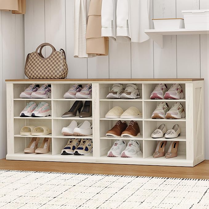 Hzuaneri Shoe Storage Bench, Wooden Entryway Shoe Benches with Cubby | Widened Wooden Farmhouse Shoe Bench with Compartments, Shoe Rack Benches for Cloakroom, Living Room, Antique White SB24614X