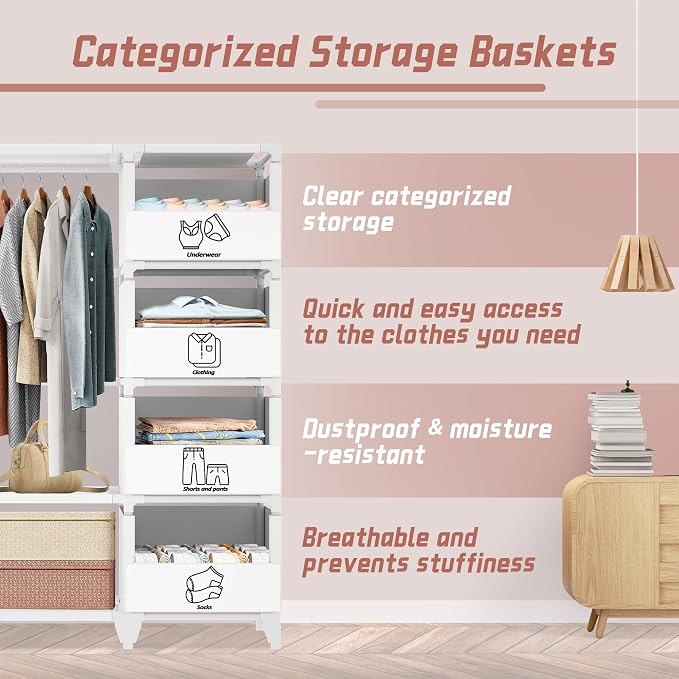 Portable Closet, Easy Assembly, Large Capacity Wardrobe Closet, Sturdy and Stable Clothes Rack with Shelves 4 Storage Baskets and 2 Hanging Rods, for Bedroom and Cloakroom White