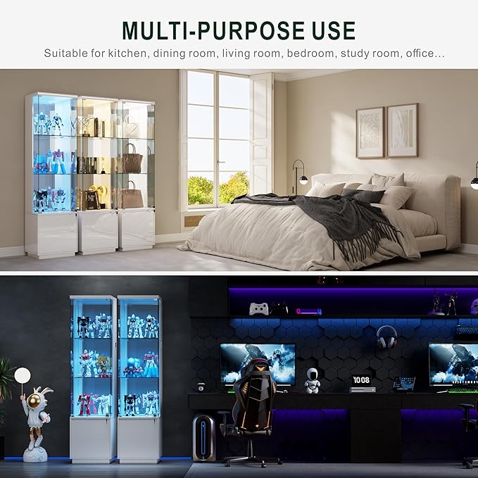 Lvifur Lockable Curio Display Cabinet with Glass Door,65" Lighted Curio Cabinet with 3 Color Lights for Collectibles,3-Tier Glass Display Case with Human Body Sensor for Living Room,White