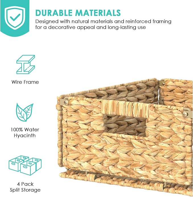 Pantry Wicker Storage Baskets for Shelves, 4 Pack Small Woven Baskets for Storage, Handmade Pantry Organizers and Storage, Boho Decor Water Hyacinth Pantry Organization - Natural