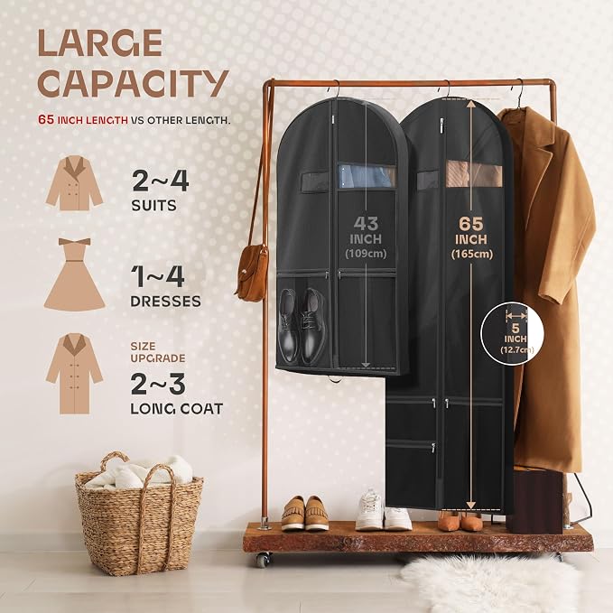 Lazebox 65" Travel Garment Bag with Accessories Zipper Pocket, Heavy Duty Suit Bag for Suits, Tuxedos, Dresses, Coats, Black, 2 packs