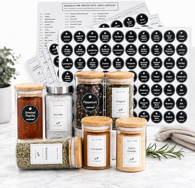 388 Pcs Spice Jar Labels Set- Stickers Waterproof Preprinted Pantry Labels with Blank Label, Black & White Stickers for Kitchen Jars Food Containers Spice Organizers Storage Bins