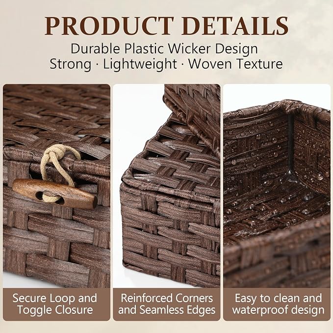 Newtay Set of 4 Woven Wicker Storage Baskets with Lids, Decorative Storage Boxes Lidded Rattan Organizer Bin Home Decor for Shelf, Coffee Table, Closet, Bathroom, Living Room(Plastic,Brown)
