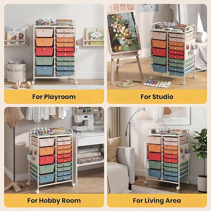 DREAMADE 15-Drawer Rolling Storage Cart, Craft Organizer Cart, Macaron | Mobile Utility Cart with Metal Pegboard Panels, Tabletop and Lockable Wheels for Classroom, Office, Studio and Playroom
