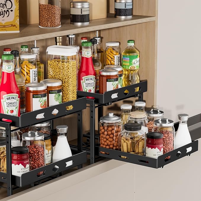 Pull Out Spice Rack Organizer for Cabinet, 2 Tier Cabinet Spice Rack Organizer, Height Adjustable Vertical Spice Rack for Cabinet, Kitchen, Pantry, Cupboard (11.9''Wx10.8''Dx9.2''H, Metal Black)