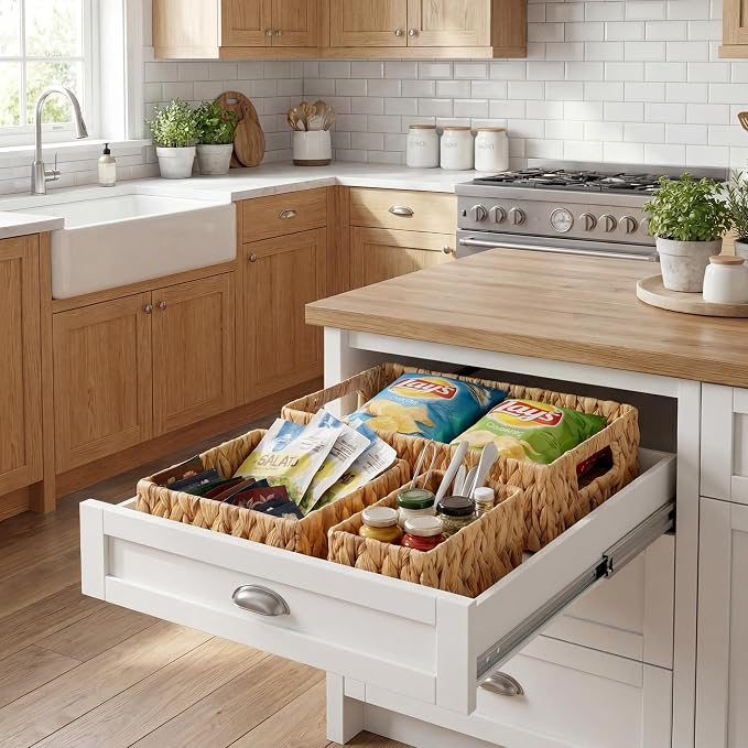 GRANNY SAYS Wicker Baskets for Shelves 3 Pack, Large Wicker Storage Baskets with Handles, Water Hyacinth Woven Basket for Organizing
