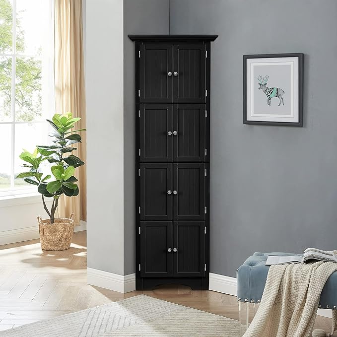 Tall Corner Storage Cabinet with Doors and 4 Shelves, Freestanding Triangle Cabinet for Living Room, Kitchen, Office, Small Space, Floor Corner Storage Rack (Black)